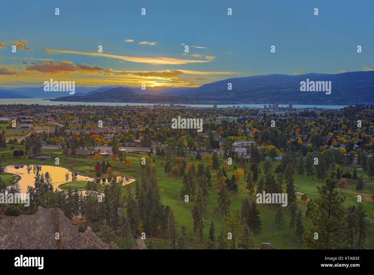 Kelowna  golf course at sunset with Okanagan Lake in the Background with fall colours Kelowna British Columbia Canada Stock Photo
