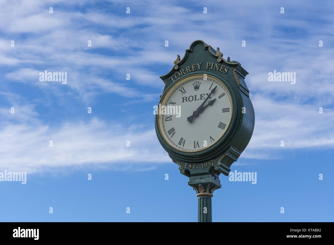 LA JOLLA, CALIFORNIA, USA - NOVEMBER 6, 2017: The famous Rolex clock on the first tee of Torrey Pines golf course near San Diego. Stock Photo