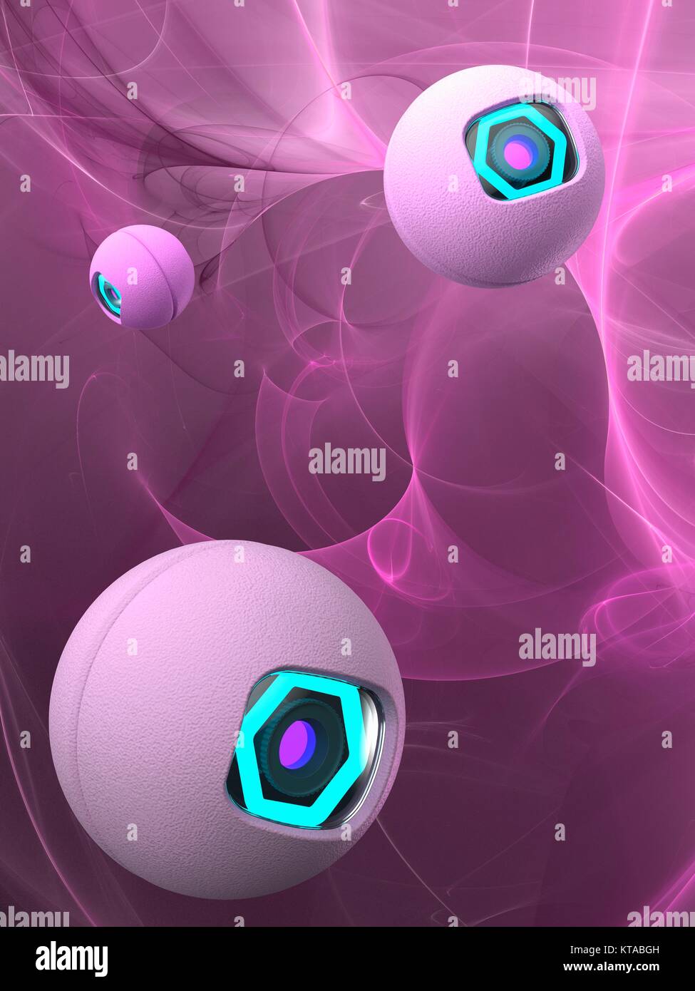 Nanorobots, computer illustration. Conceptual illustration depicting the use of camera-equipped nano-robots in exploring structures of interest. Stock Photo