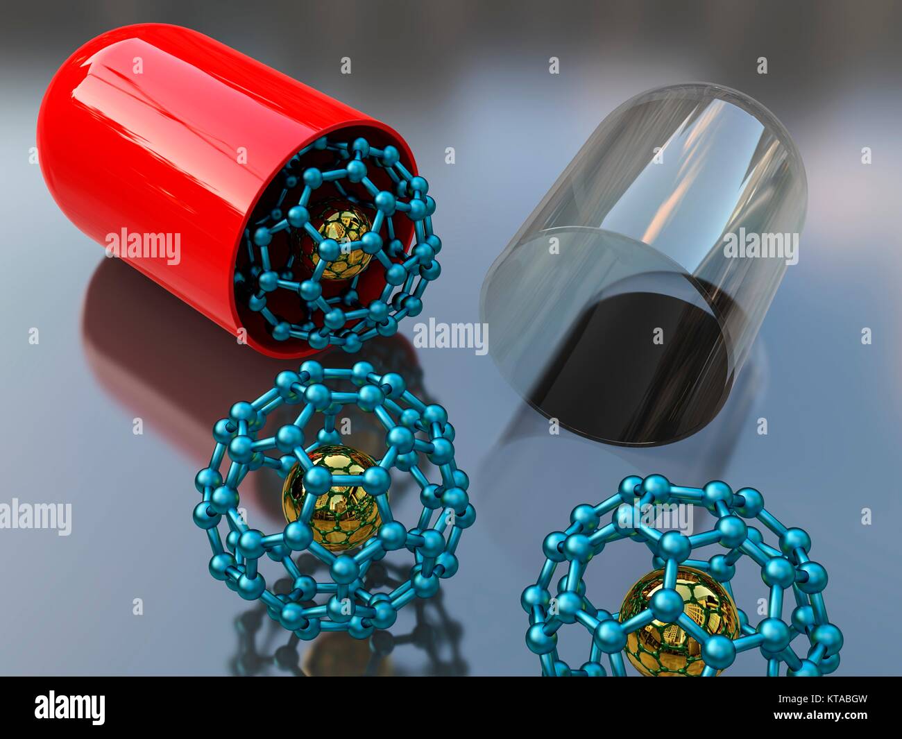 Medical nanoparticles. Conceptual illustration showing a modified-release dosage capsule containing C60 buckyballs (blue) doped with another atom (gold). It is thought that one day the ability of buckyballs to trap atoms within it might benefit the medical community. For example, they may be used to deliver medicines to specific tissues and cells. Stock Photo