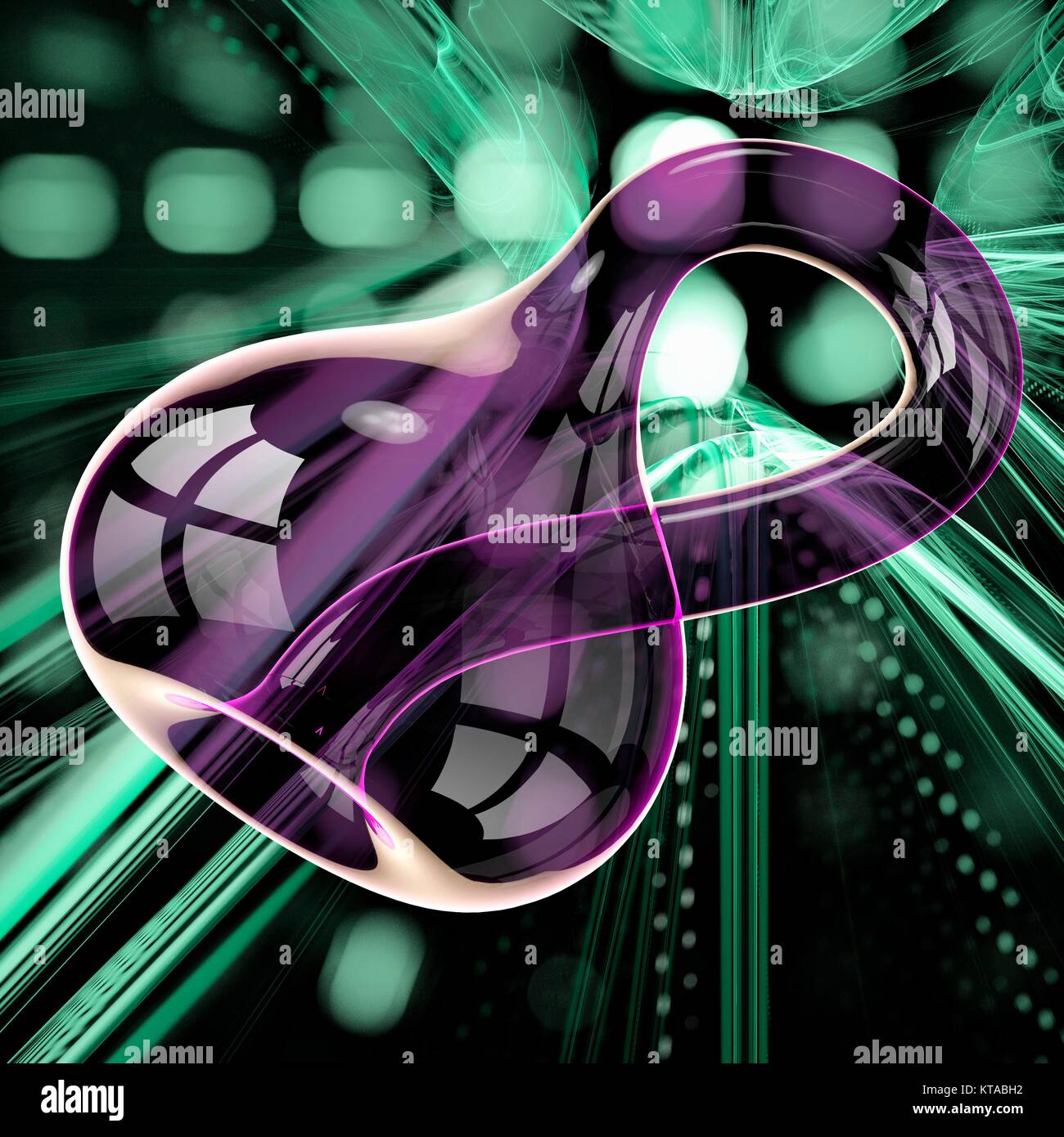 Klein bottle, computer illustration. A Klein bottle is a closed non-orientable surface with only one side, for which there is no distinction between the inside and outside of the surface. Unlike the Mobius strip, the Klein bottle is a closed manifold, meaning it is a compact manifold without boundary. Stock Photo
