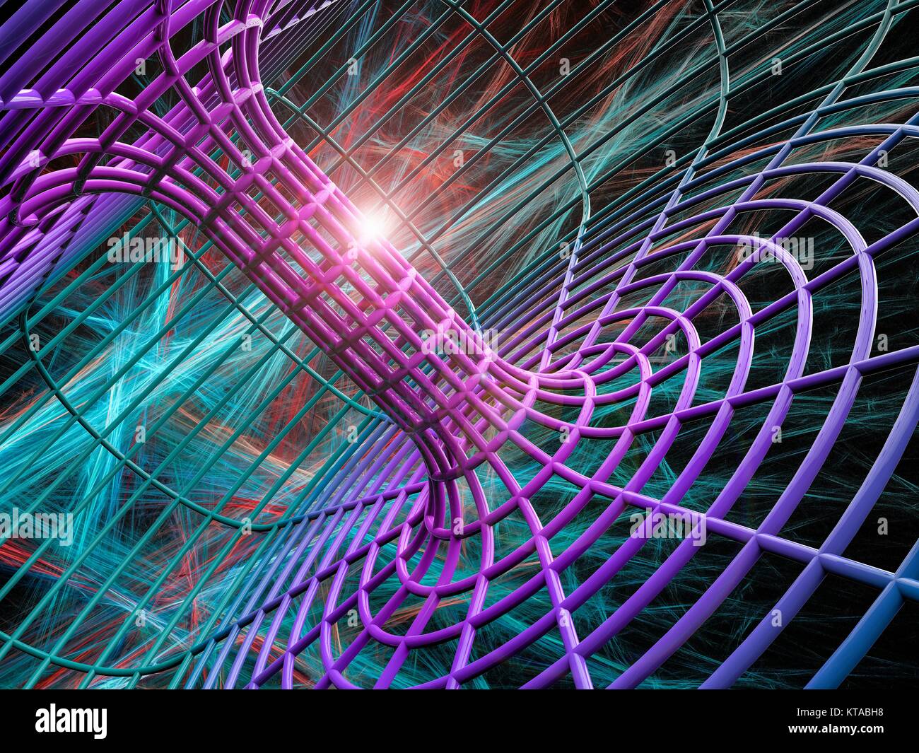 Wormhole.Conceptual computer illustration of a tunnel,representing a wormhole.Wormholes are a possible solution to Einstein's equations that describe the properties of space-time,the continuum of unified space and time.Theorists have suggested that on the smallest scale of the universe (the incredibly small Planck length),the fabric of space-time may be riddled with these tunnel-like wormholes.The concept is also found in science fiction,where they are used to travel between distant points of the universe.However,as wormholes would last for less than a second,such use would probably be Stock Photo