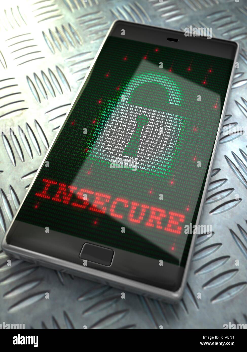 Smartphone and data security, illustration. A generic smartphone is shown with the word â€˜insecureâ€™ shown on its screen, along with an icon of a padlock made up from the binary digits, ones and zeros. Stock Photo