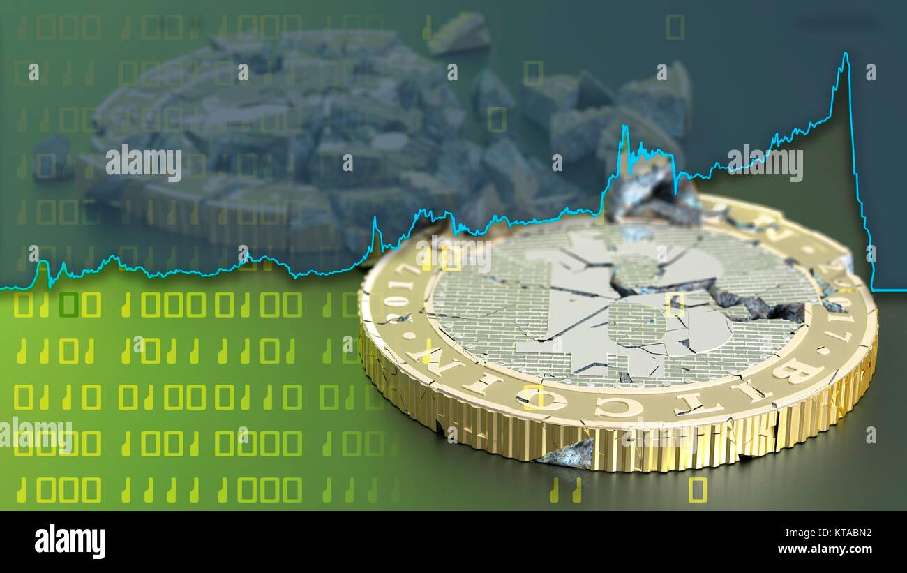 Conceptual artwork representing the bursting of bitcoin cryptocurrency bubble. Bitcoin is a type of digital currency, created in 2009, which operates independently of any bank. Certain vendors now accept Bitcoins as payment of goods or services. The coins are shown as fragmented, along with a superimposed graph showing a drop in the value of the commodity, indicating a crash in its market value. Stock Photo