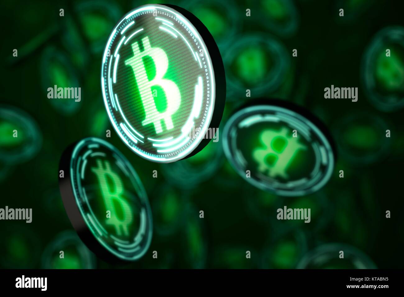 Conceptual artwork representing the bitcoin cryptocurrency. Bitcoin is a type of digital currency, created in 2009, which operates independently of any bank. Certain vendors now accept Bitcoins as payment of goods or services. Stock Photo