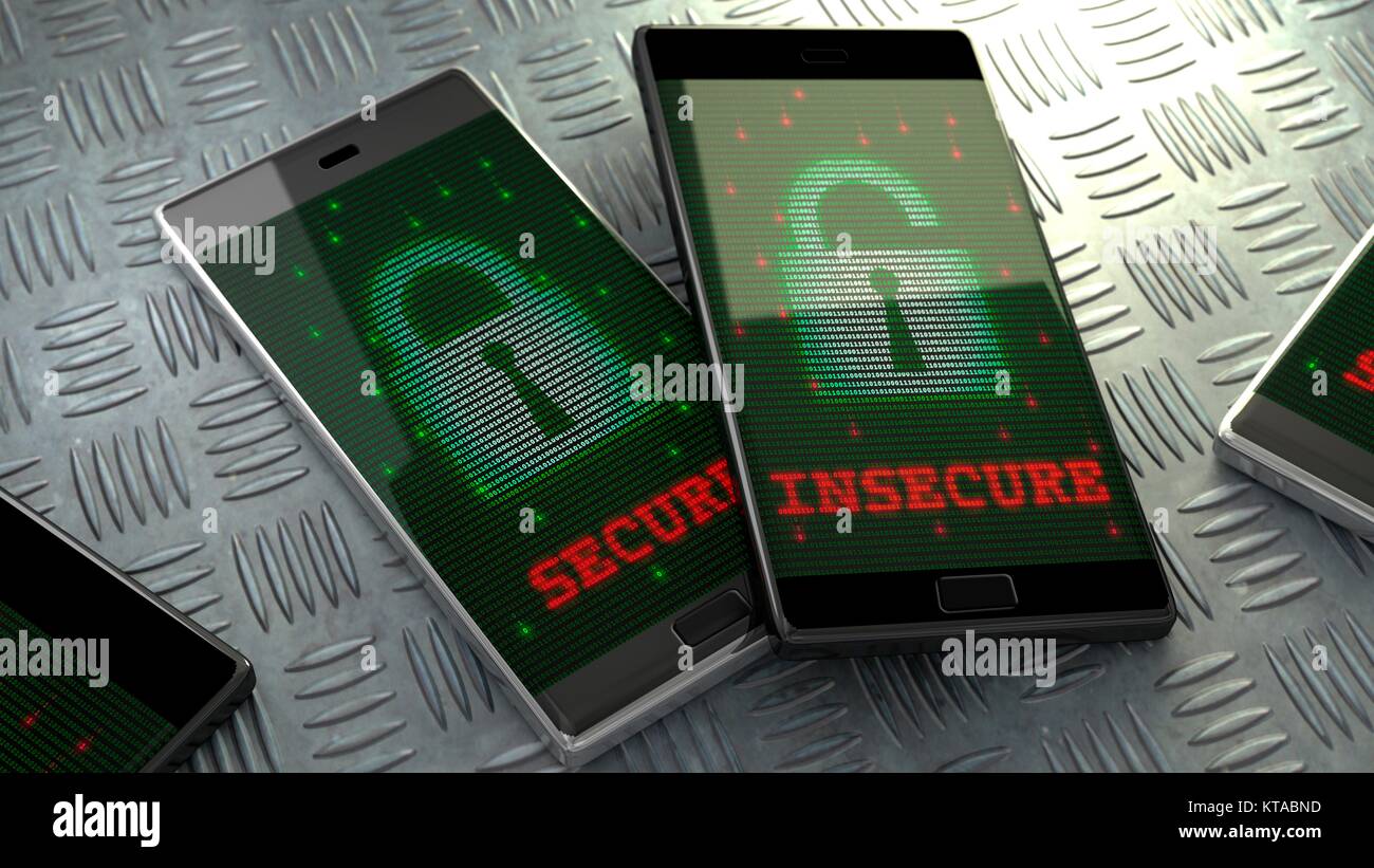 Smartphone and data security, illustration. Generic smartphones are shown with the word â€˜secureâ€™ or 'insecure' shown on their screens, along with an icon of a padlock made up from the binary digits, ones and zeros. Stock Photo