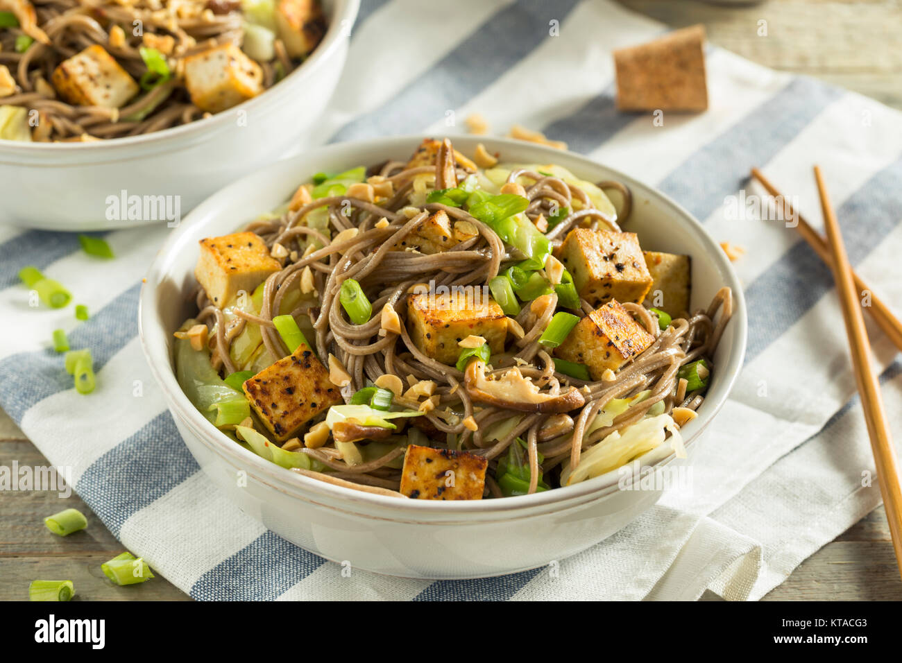 Homemade Asian Tofu Soba Noodle Bowl with Onions and Peanuts Stock