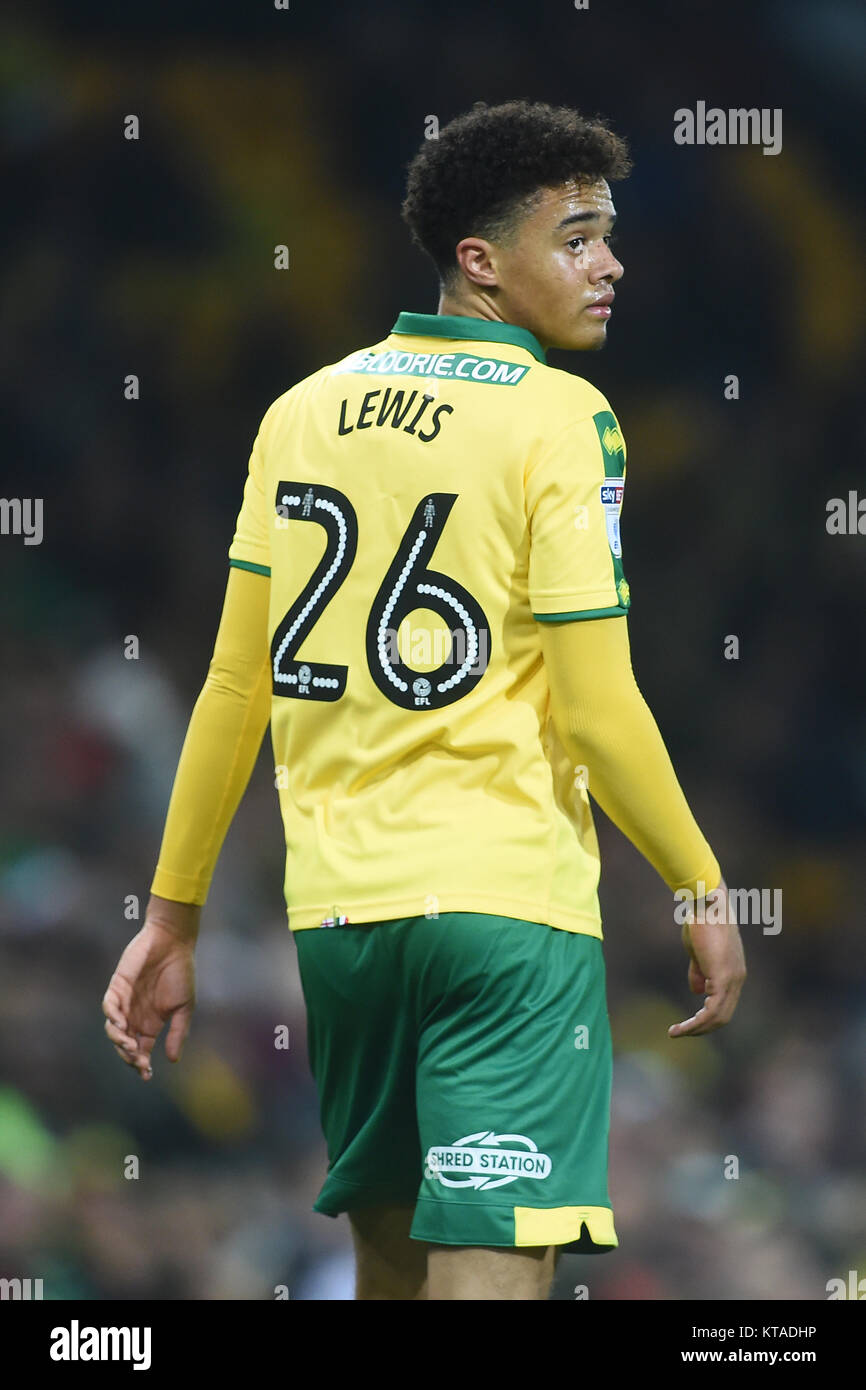 Norwich City's Jamal Lewis during the Sky Bet Championship match at Carrow Road, Norwich. PRESS ASSOCIATION Photo. Picture date: Friday December 22, 2017. See PA story SOCCER Norwich. Photo credit should read: Joe Giddens/PA Wire. RESTRICTIONS: EDITORIAL USE ONLY No use with unauthorised audio, video, data, fixture lists, club/league logos or 'live' services. Online in-match use limited to 75 images, no video emulation. No use in betting, games or single club/league/player publications. Stock Photo