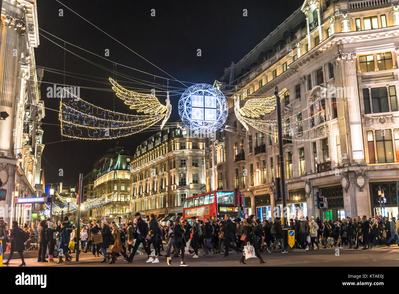 Christmas decorations in Oxford Street in central London, England, UK