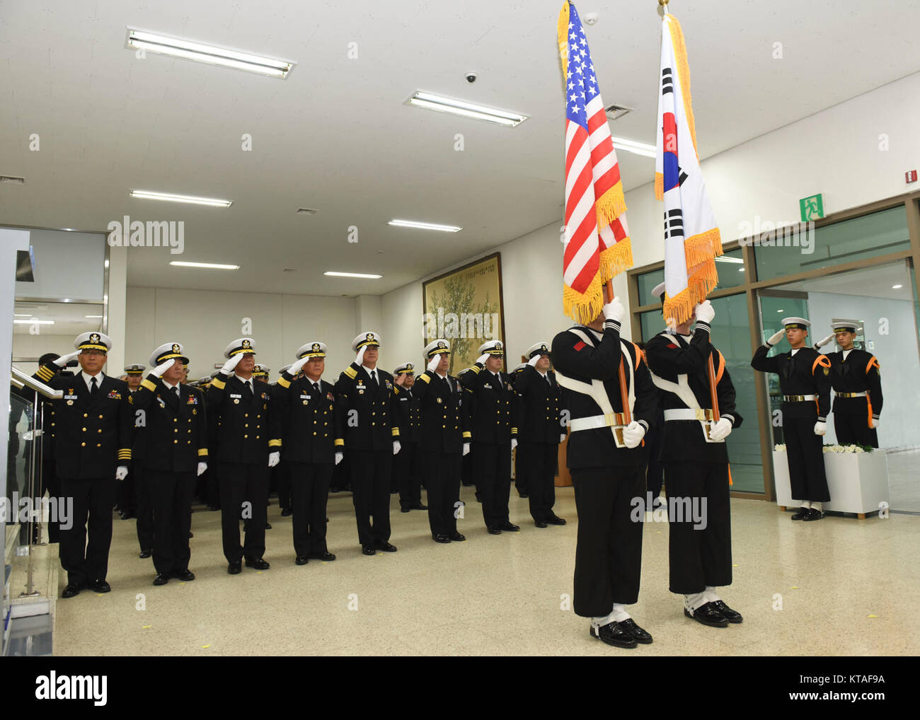 CHINHAE, Republic of Korea (Dec. 07, 2017) Rear Adm. Brad Cooper, commander, U.S. Naval Forces Korea (CNFK), attends the unveiling of the Capt. Michael Lousey memorial bust unveiling ceremony at Republic of Korea (ROK) Naval Academy in Chinhae. CNFK is the U.S. Navy’s representative in the ROK, providing leadership and expertise in naval matters to improve institutional and operational effectiveness between the two navies and to strengthen collective security efforts in Korea and the region. (U.S. Navy Stock Photo
