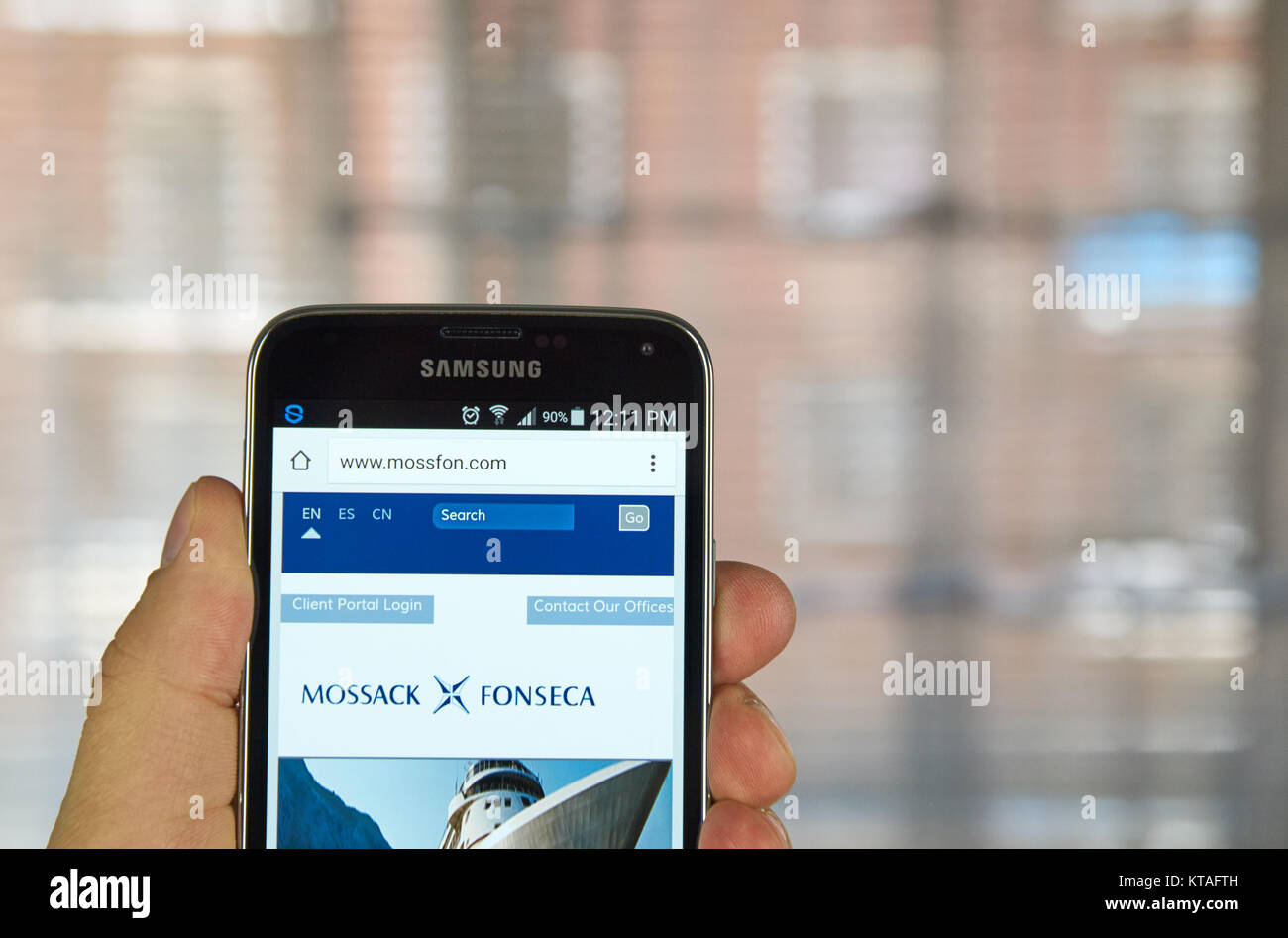 MONTREAL, CANADA - APRIL 5, 2016 : Mossack Fonseca page on mobile phone. Mossack Fonseca is a Panamanian law firm well known for the biggest leak in t Stock Photo