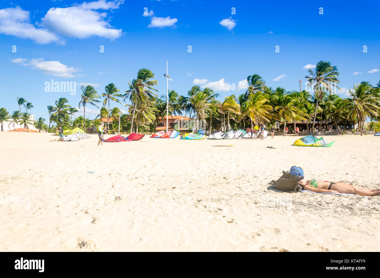 Cumbuco, Brazil, jul 9, 2017 Too many kitesurf boards over the sand in