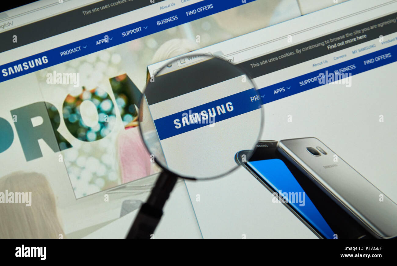 MONTREAL, CANADA - MARCH 25, 2016 - Samsung internet page under magnifying glass. Samsung is a South Korean multinational conglomerate company Stock Photo