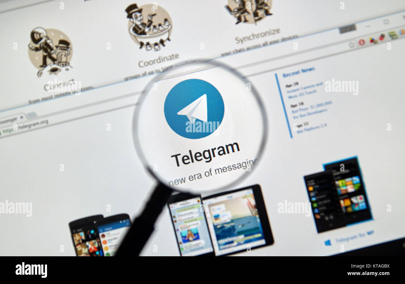 MONTREAL, CANADA - MAY 8, 2016 : Telegram messnger web site under magnifying glass. Telegram is a cloud-based instant messaging service. Stock Photo