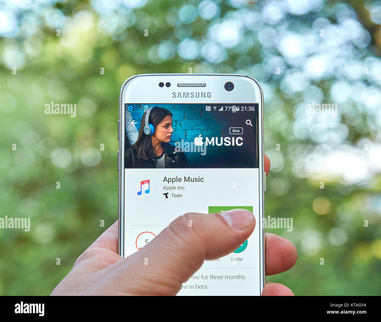 MONTREAL, CANADA - MAY 23, 2016 : Apple Music android application on Samsung S7 screen. Apple Music is a music streaming service, developed by Apple I Stock Photo