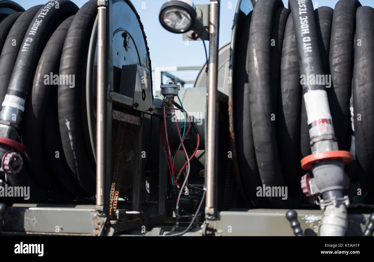 Usaf R12 Refueling hoses sit on an R-12 truck, Dec. 21, 2017, at Kadena Air Base ...