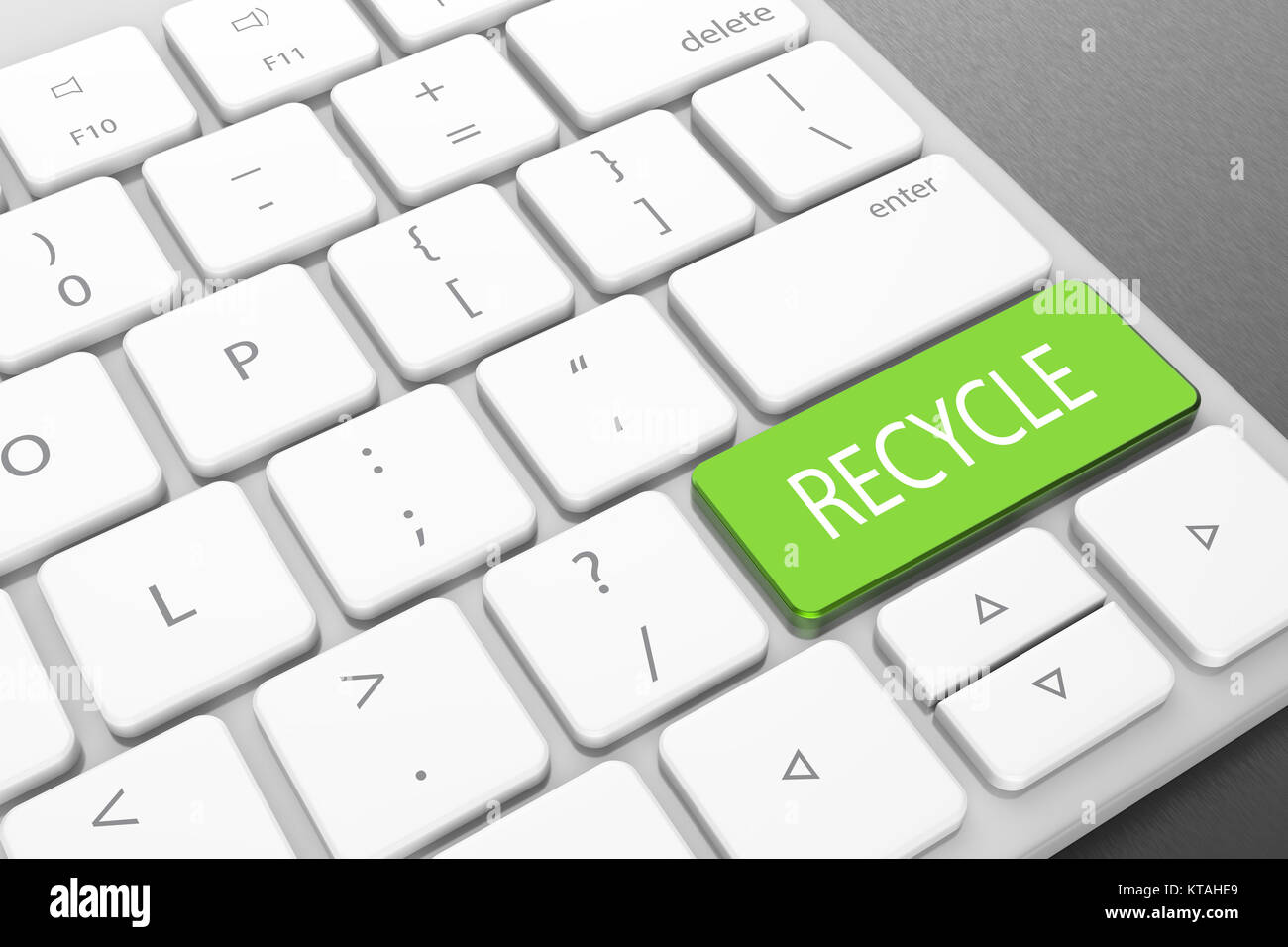 Modern computer keyboard with green recycle button. 3D illustrating