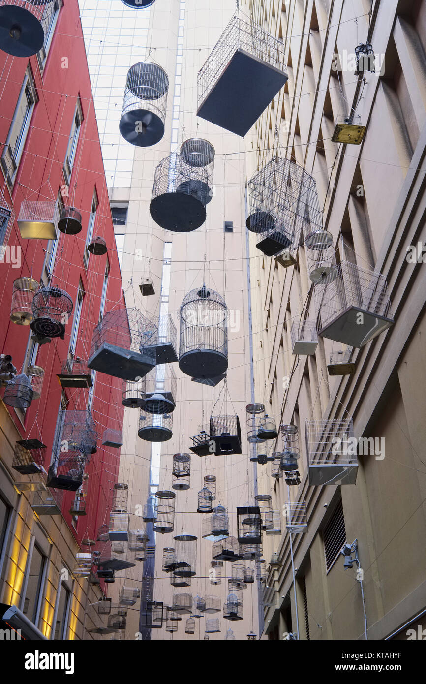 Angel Place Laneway with Hanging Birdcages, Sydney, New South Wales (NSW), Australia Stock Photo