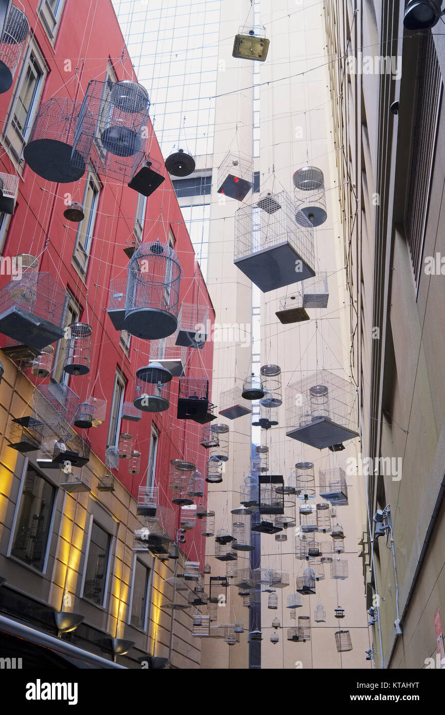 Angel Place Laneway with Hanging Birdcages, Sydney, New South Wales (NSW), Australia Stock Photo