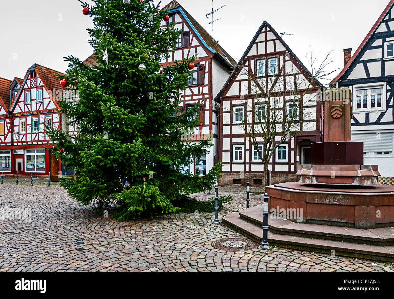 Market square with Christmas tree in a small halftimbered German