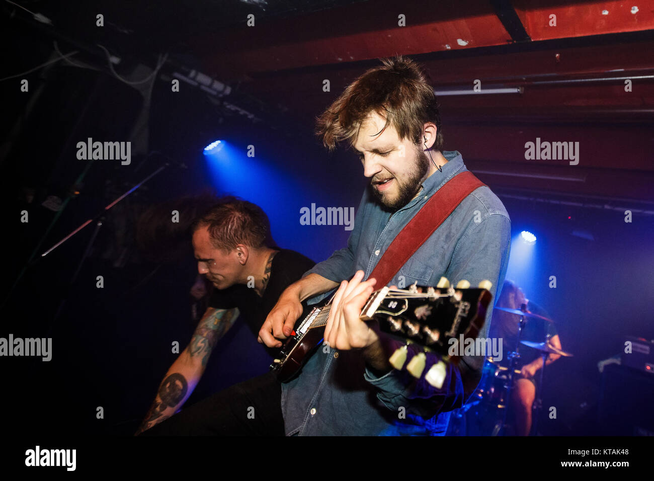 Sweden, Malmö – August 19, 2017. The Swedish death grindcore band God Mother performs a live concert at Underwerket in Malmö. Here guitarist Max Lindstrom is seen live on stage. Stock Photo