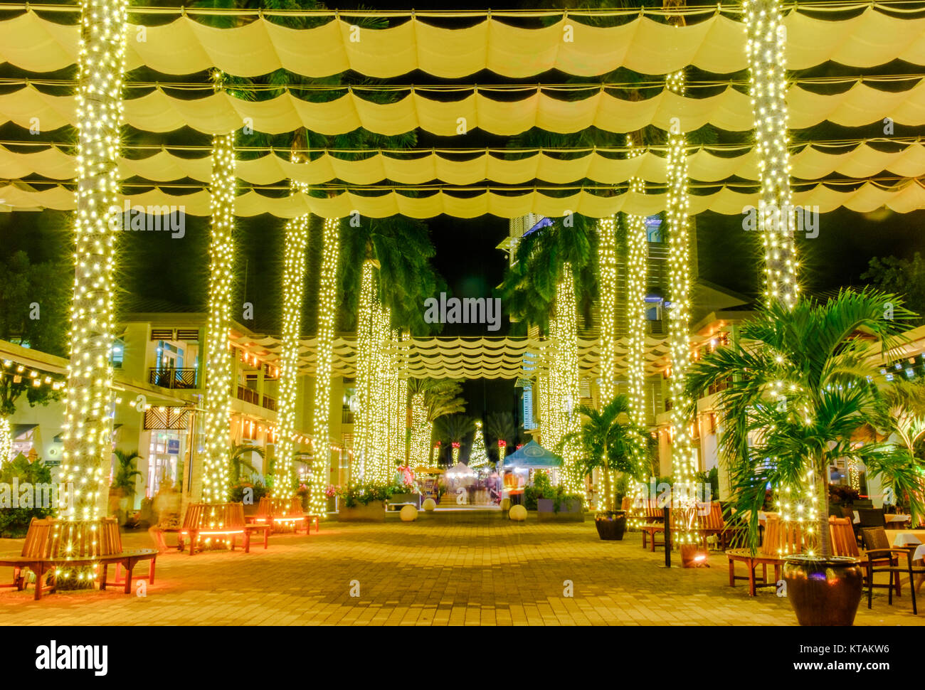 Grand Cayman, Cayman Islands, Dec 2017, Christmas lights on two rows of