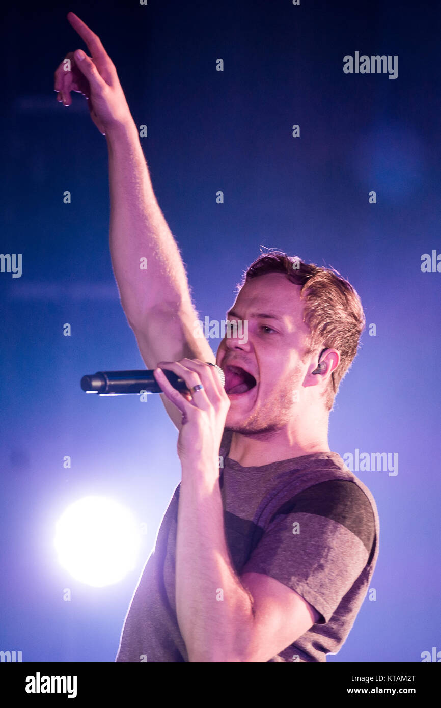 The American rock band Imagine Dragons performs a live concert at Falconer Salen in Copenhagen. Here lead singer Dan Reynolds is seen live on stage. Denmark, 04/11 2014. Stock Photo