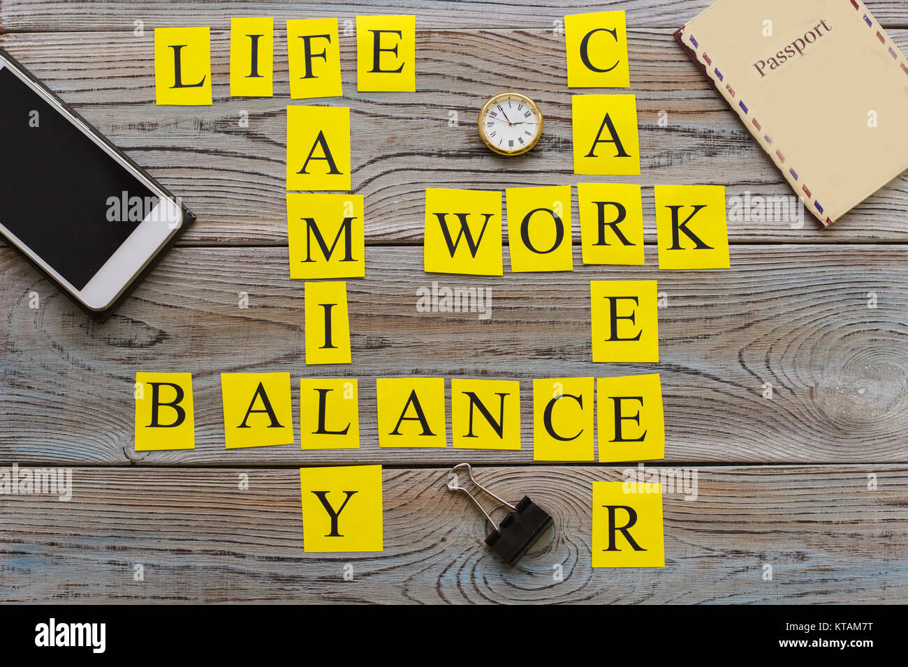 Crossword with motivation words life, family, work, balance, career