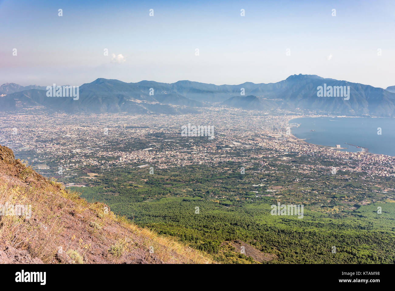 Foggy view of gulf of Naples and towns south of Mount Vesuvius Stock Photo