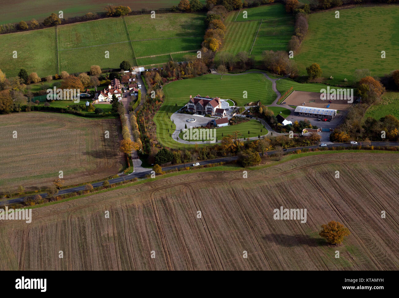 Aerial view of an English country farm house Stock Photo