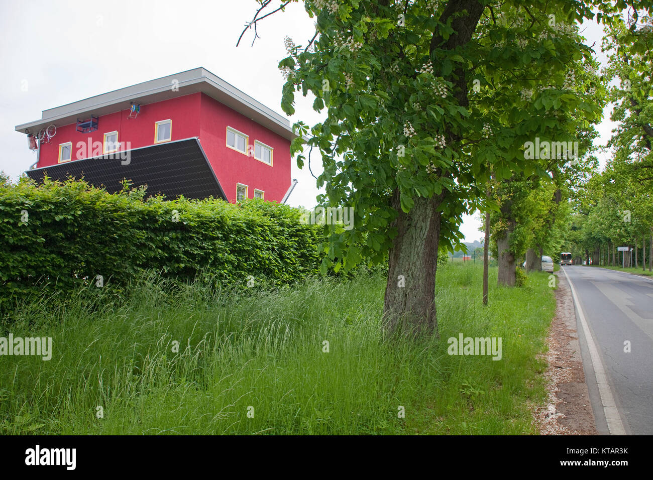 House upside down, Putbus, Ruegen island, Mecklenburg-Western Pomerania, Baltic Sea, Germany, Europe Stock Photo