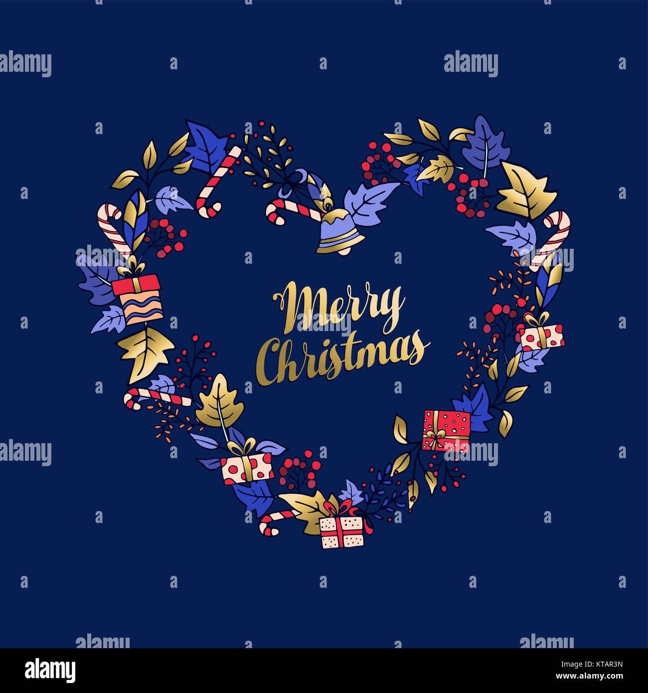 Merry Christmas holiday typography greeting card with gold hand drawn ...