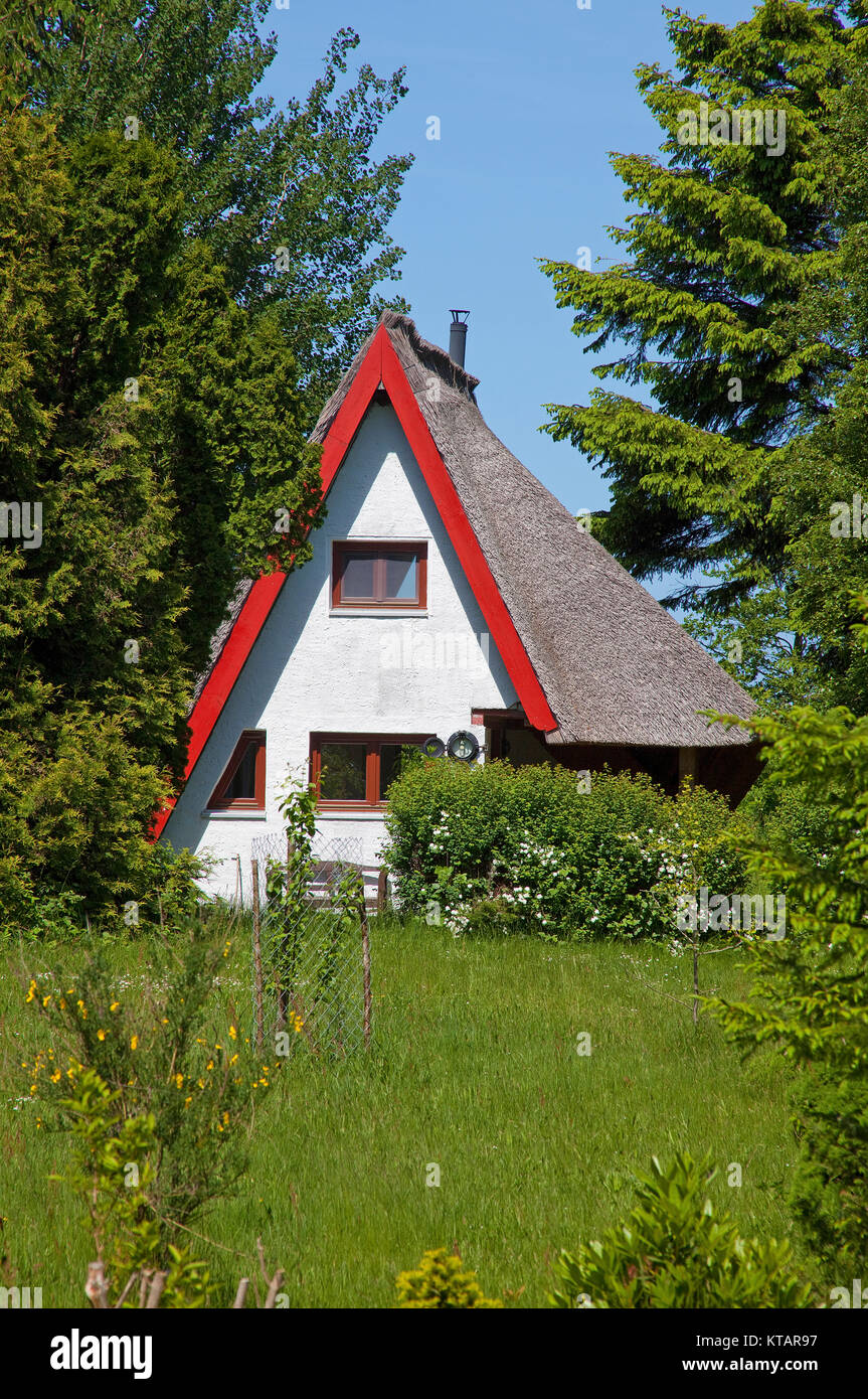 Thatched-roof house at Ummanz island, Ruegen island, Mecklenburg-Western Pomerania, Baltic Sea, Germany, Europe Stock Photo