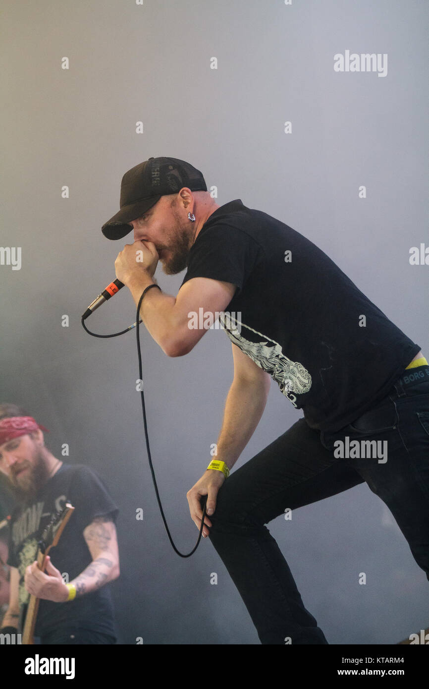 The Swedish grindcore band Nasum performs a live concert at the Danish music festival Roskilde Festival 2012. Here vocalist Keijo Niinimaa is seen live on stage. Denmark, 08/07 2012. Stock Photo