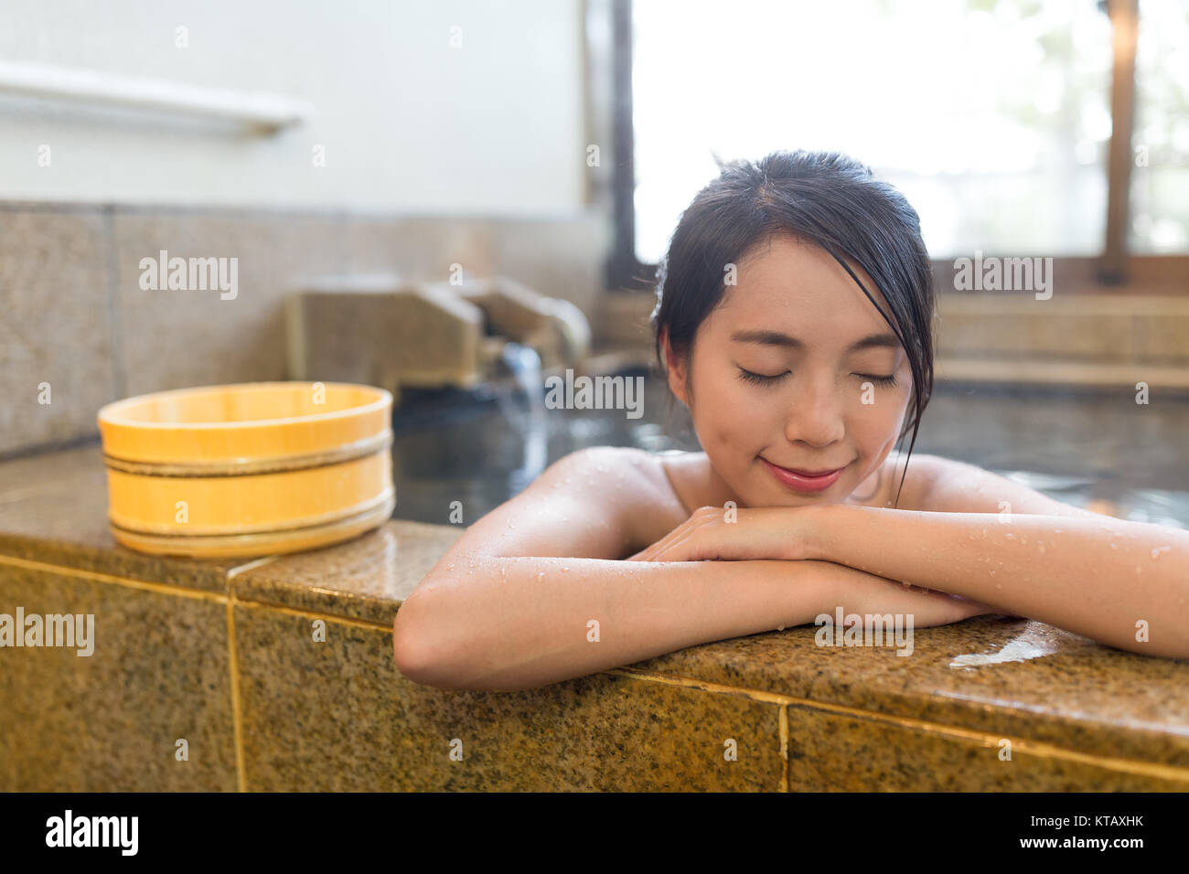 Bath Bucket With A Towel At A Hot Spring Bath At Japanese Onsen Stock  Photo, Picture and Royalty Free Image. Image 55005915.