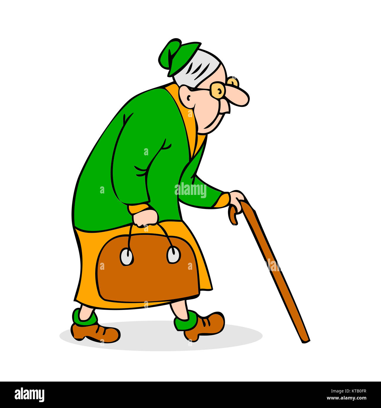 Old woman with cane and a bag. Grandmother with glasses walking. Hunched elderly lady with a cane. Colorful cartoon vector illustration on white background Stock Photo