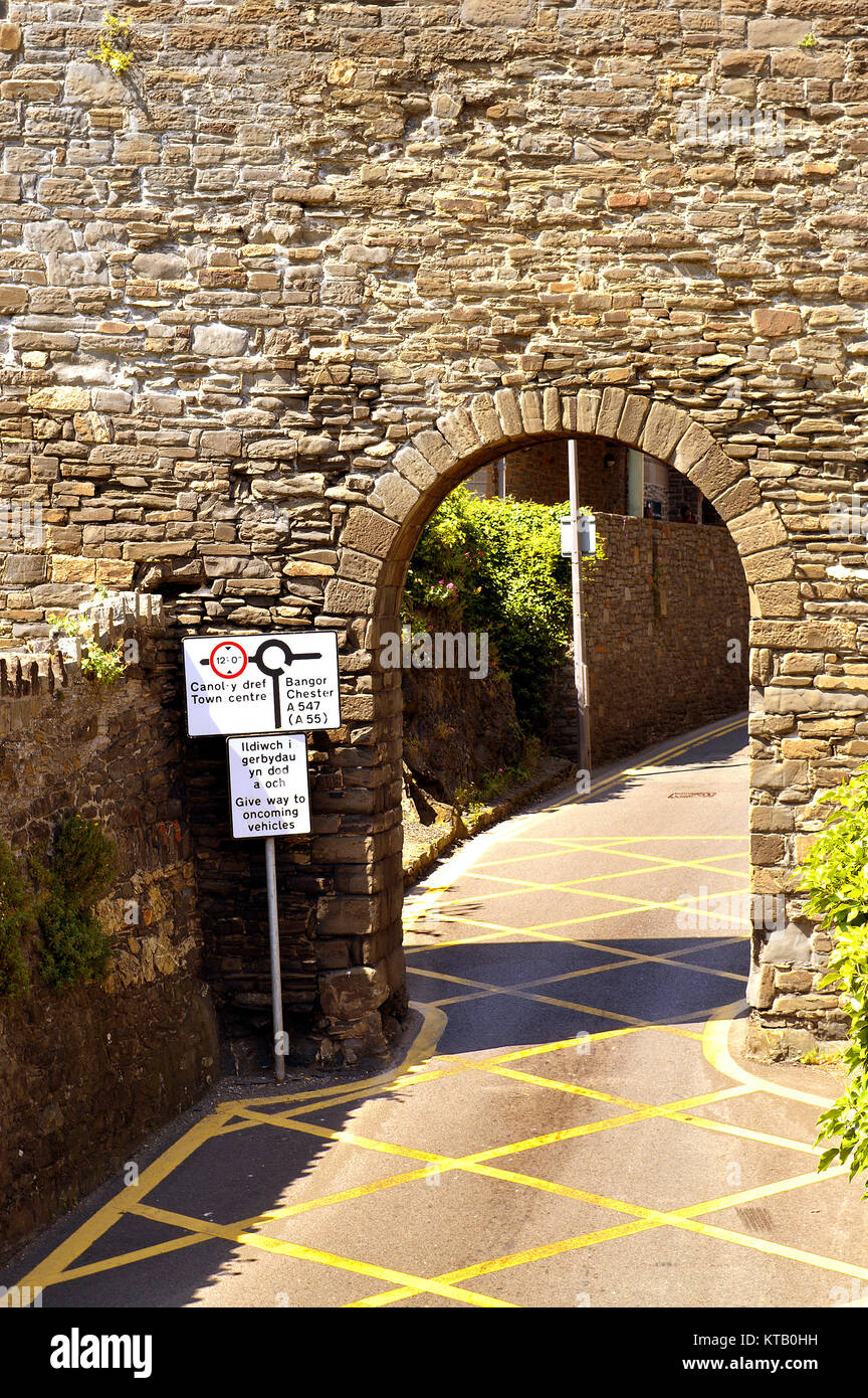 Narrow tunnel on a small road in the centre of the medevil Conwy town