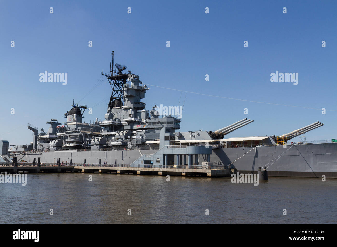 The Battleship New Jersey, moored on the Delaware River, Camden, NJ, United States.   USS New Jersey (BB-62) is an Iowa-class battleship. Stock Photo