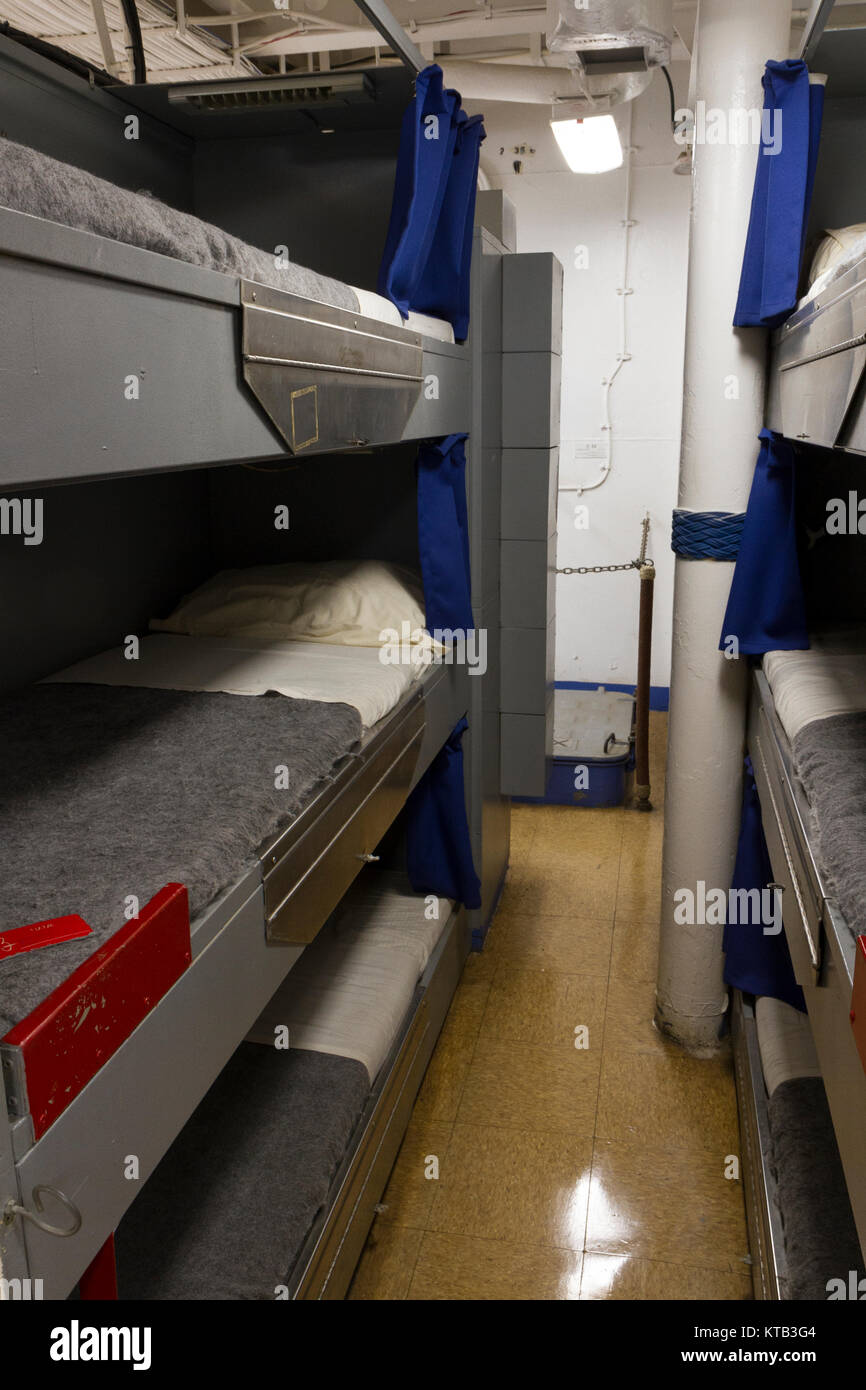 Enlisted berthing bunks on the USS New Jersey Iowa Class Battleship, Delaware River, New Jersey, United States. Stock Photo