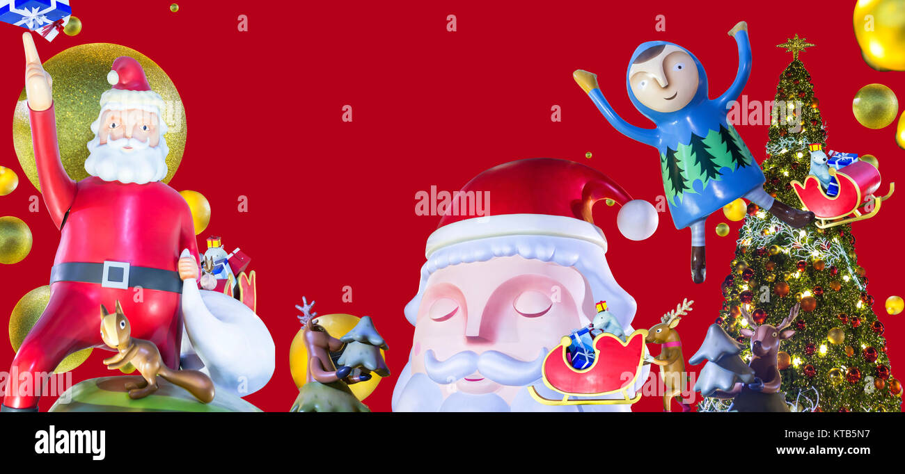 merry christmas and happy new year with santa claus and reindeer and lighting christmas tree Stock Photo