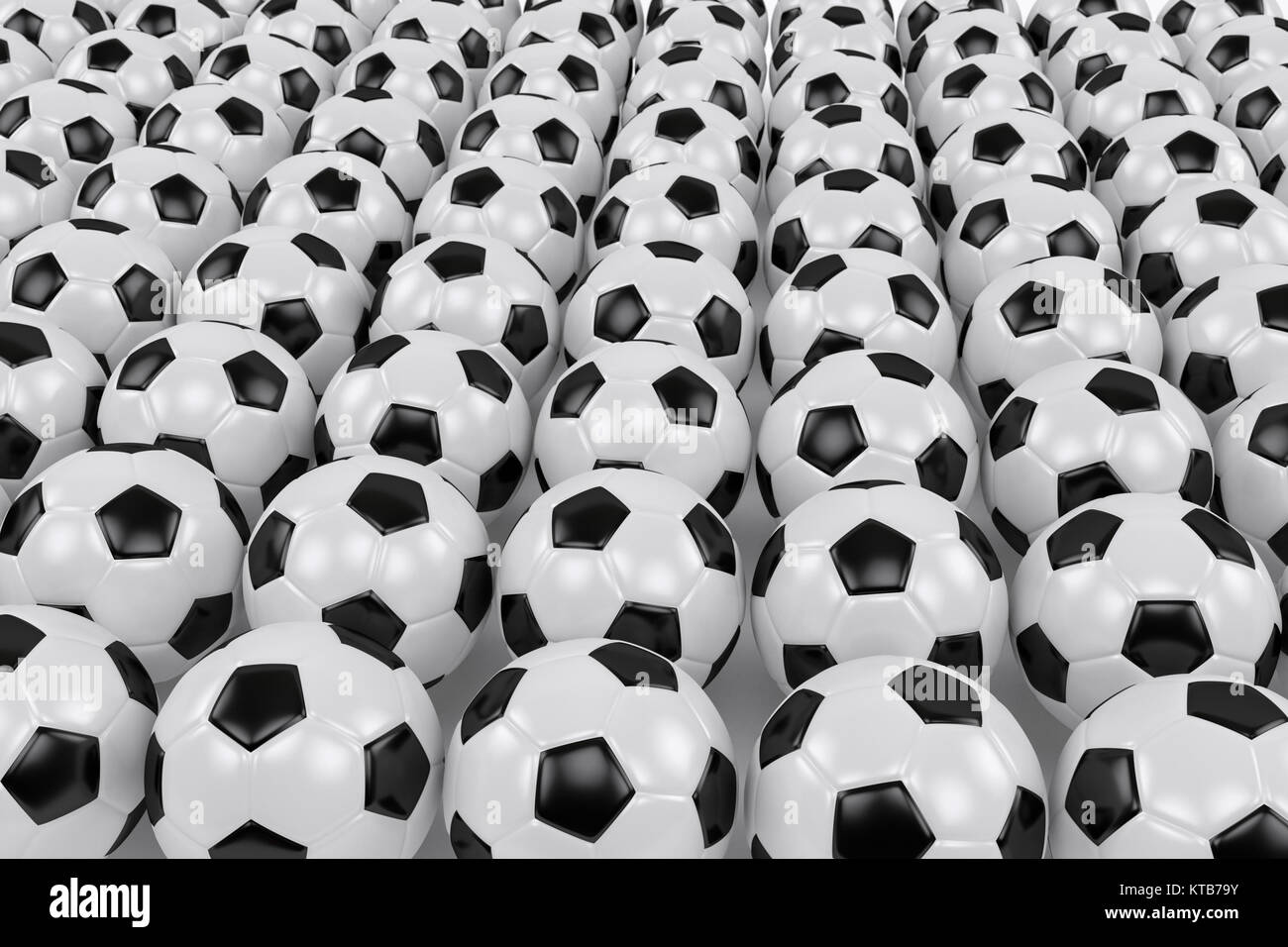 many soccer balls arranged in rows in the perspective view, 3d ...