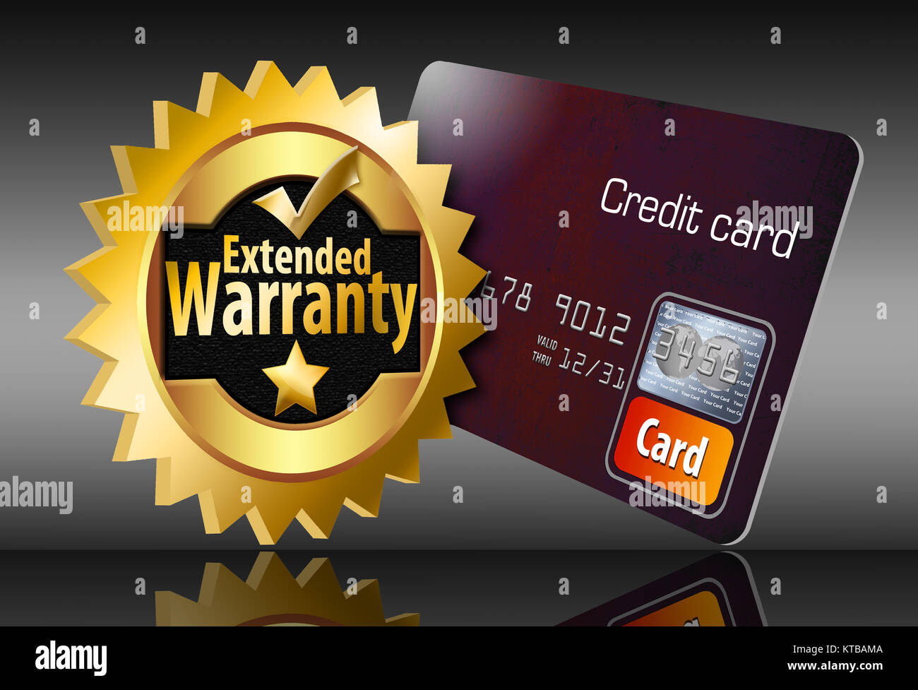 An extended warranty emblem is seen with a credit card in an