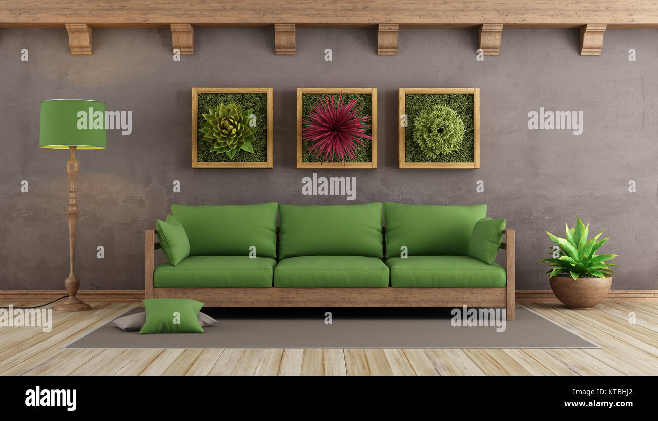 Retro living room with green sofa Stock Photo - Alamy