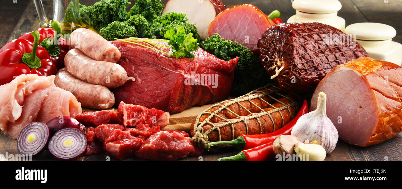 Variety of meat products including ham and sausages Stock Photo Alamy