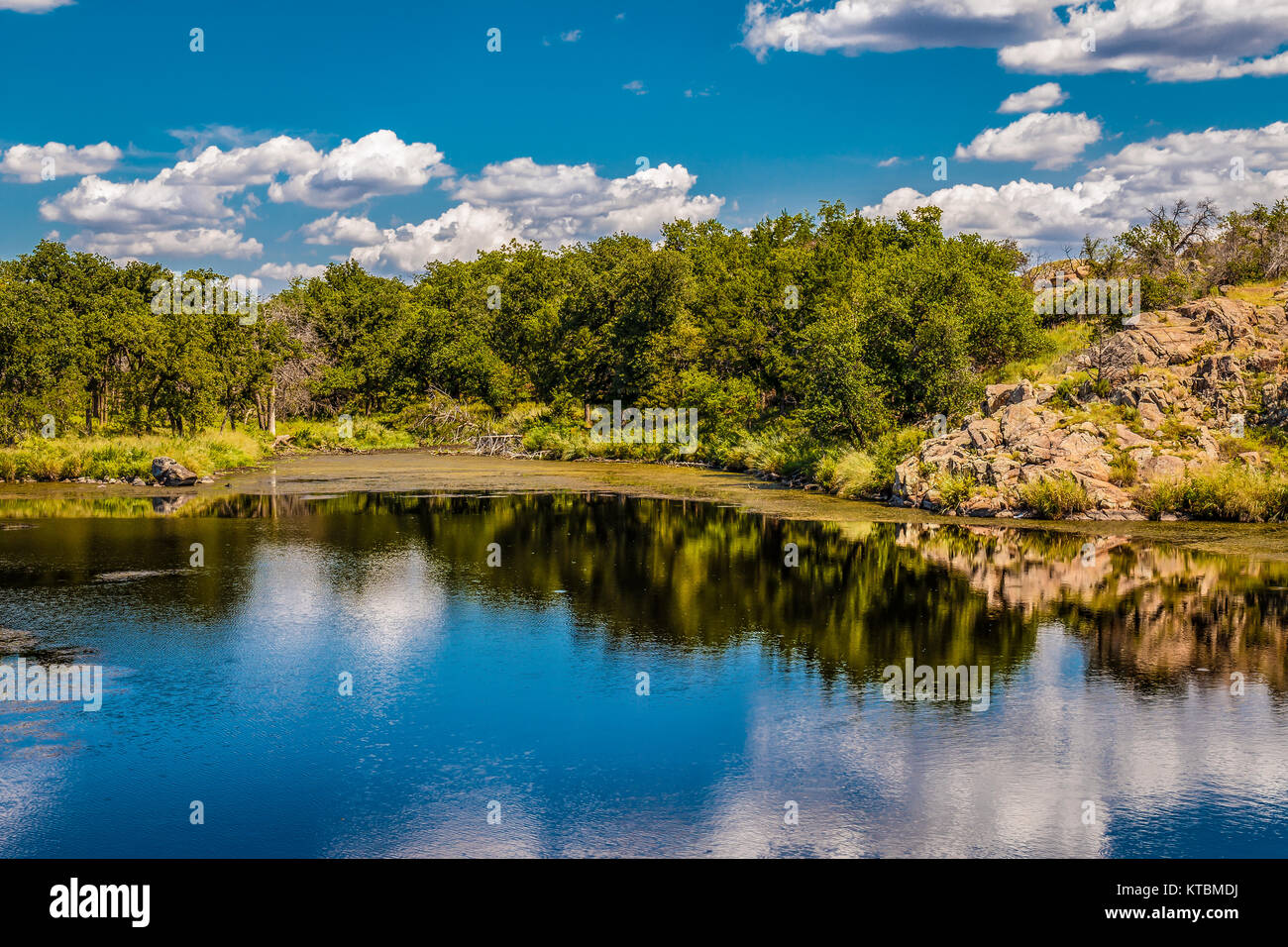 A Still Pond With Trees And Rocks Around It Stock Photo - 