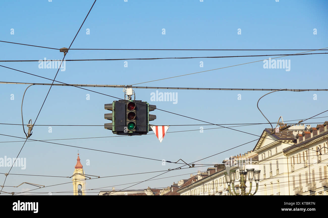 Red and green traffic lights against blue sky backgrounds Stock Photo ...