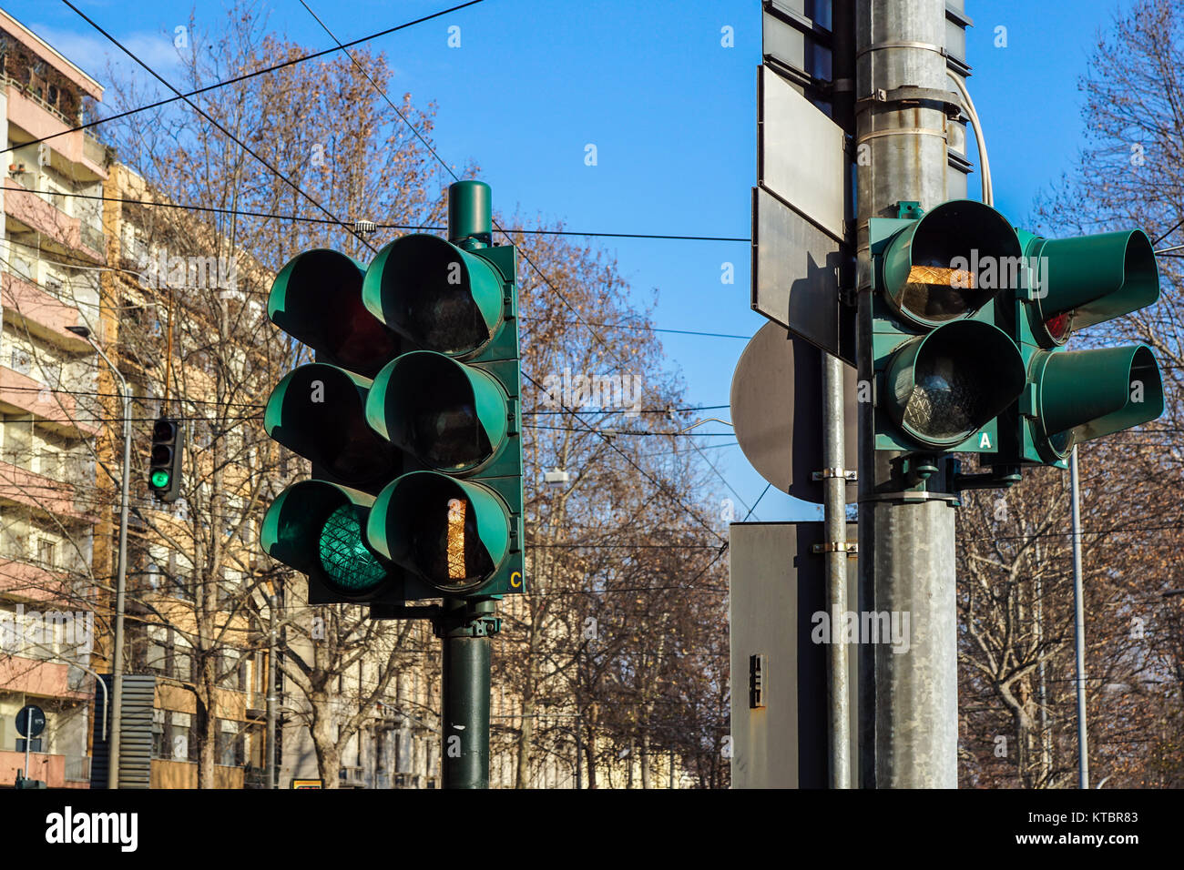 Red and green traffic lights against blue sky backgrounds Stock Photo ...
