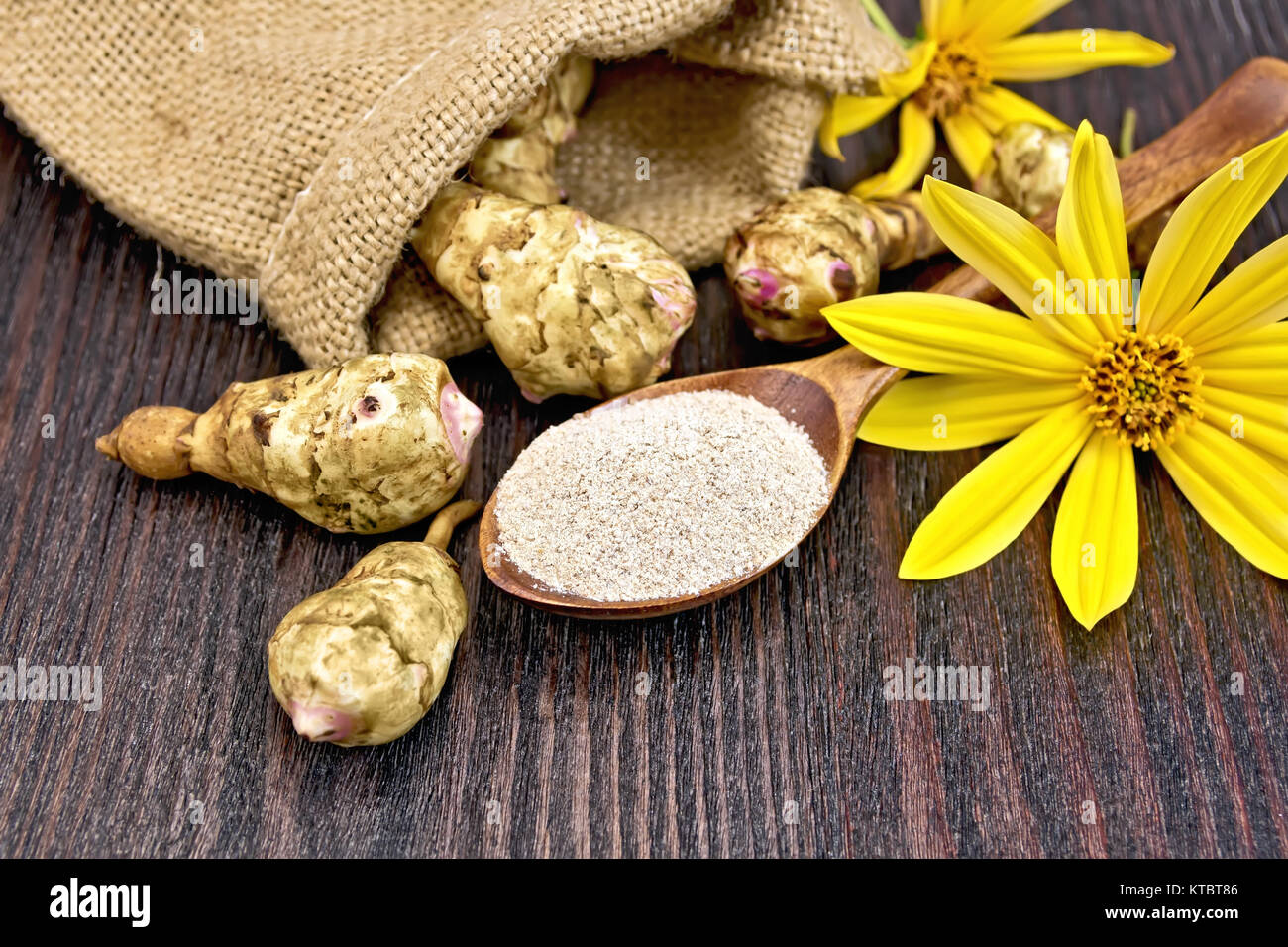 Flour Of Jerusalem Artichoke In Spoon With Flower On Board Stock Photo Alamy