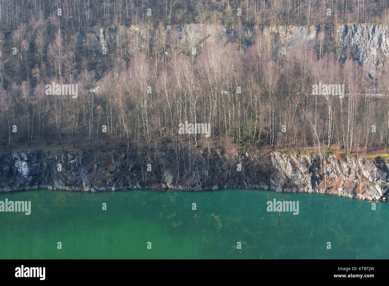 Panorama-Blick auf einen alten offenen Tagebau der Kalksteinwerke in Wülfrath, Deutschland an einem Wintertag. Stock Photo