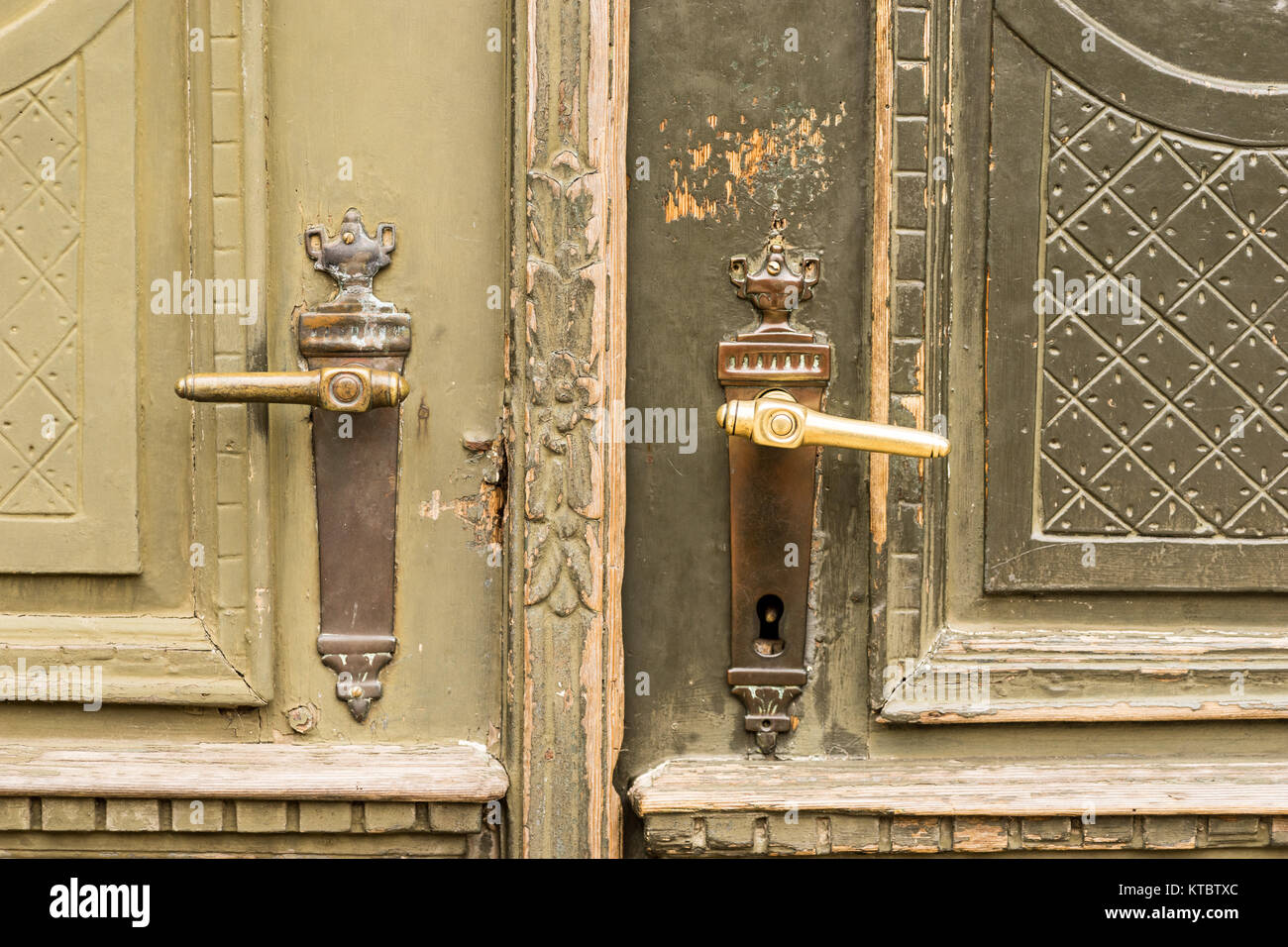 Brass Door Handles On Elegant Vintage Green Painted Front Door